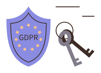 Shield marked GDPR with European stars highlights compliance and security. Two keys symbolize access and control. Ideal for privacy law, cybersecurity, EU regulations, trust, encryption, safety