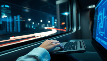 Young businessman's hands type on a laptop keyboard, working in the city