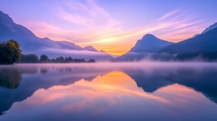 Obraz premium A serene sunrise over a lake with fog evaporating from the surface