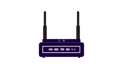 Minimalist vector illustration of a Wi-Fi router with dual antennas and a wireless signal icon.