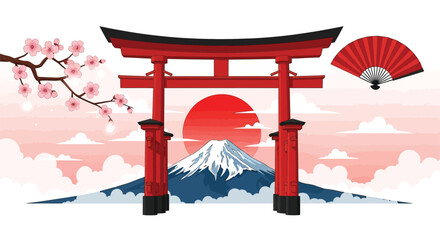 Red torii gate framing Mount Fuji sunrise, cherry blossoms, and a hand fan.