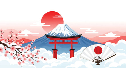 A stylized illustration of Mount Fuji, Japanese gate, and cherry blossoms, with a rising sun.