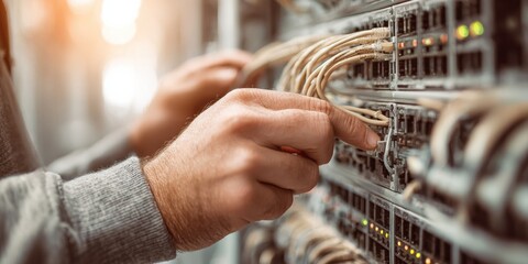 Professional Network Technician Connecting Cables Inside Server Rack Modern IT Infrastructure Maintenance for Reliable Data Flow Marketing Content