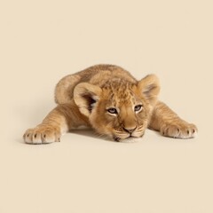 Obraz premium A charming lion cub rests peacefully, its soft fur and gentle expression creating a heartwarming scene perfect for wildlife or animal-themed projects and designs.