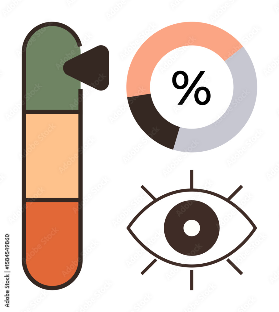 Poster progress bar with pointer, segmented pie chart with percentage, and eye icon suggesting focus on tra