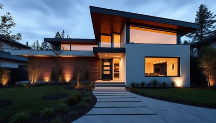 Experience the Sophistication of Contemporary Home Architecture Featuring Angled Rooflines, Warm Lighting, and Beautiful Exterior Finishes