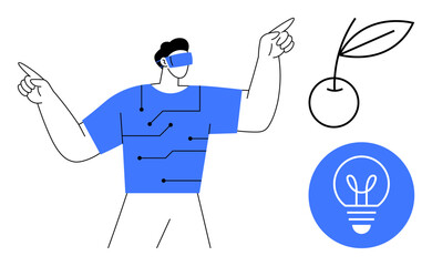 Person wearing a VR headset with circuit-themed shirt, lightbulb symbolizing ideas, and plant sprout representing sustainability. Ideal for technology, innovation, creativity, eco-friendly concepts