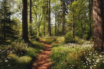 Tranquil path in a vibrant spring woodland