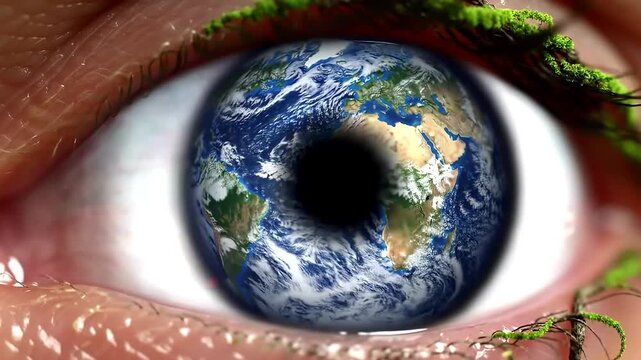 Extreme close-up of a human eye with Earth as the iris, overgrown with moss along the eyelid and lashes