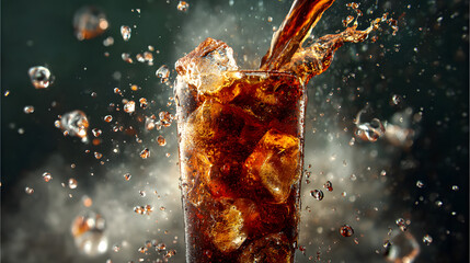 Dynamic Shot of Cola Being Poured Into a Tall Glass with Ice and Bubbles Creating A Refreshing Effect