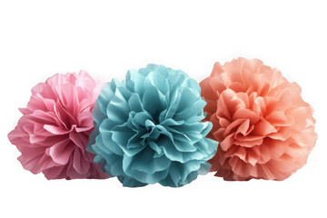 Pastel paper flowers decoration elements, pink, blue, peach floral arrangement, party decor, celebration, craft supplies, isolated on transparent background