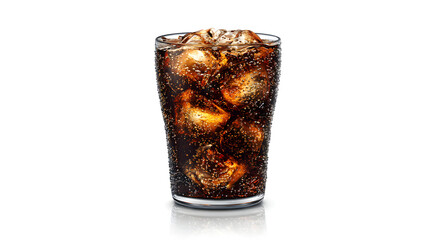 Transparent tumbler glass filled with dark cola and ice on a white background for beverage photography