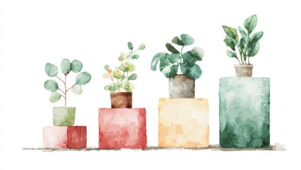 Watercolor plants in pots on tiered blocks