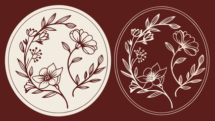 Circular flower-themed frames. Delicately sketched stylish plant-based round outlines and wreaths featuring twigs, foliage, and blossoms in both outline and solid style in dark red white background