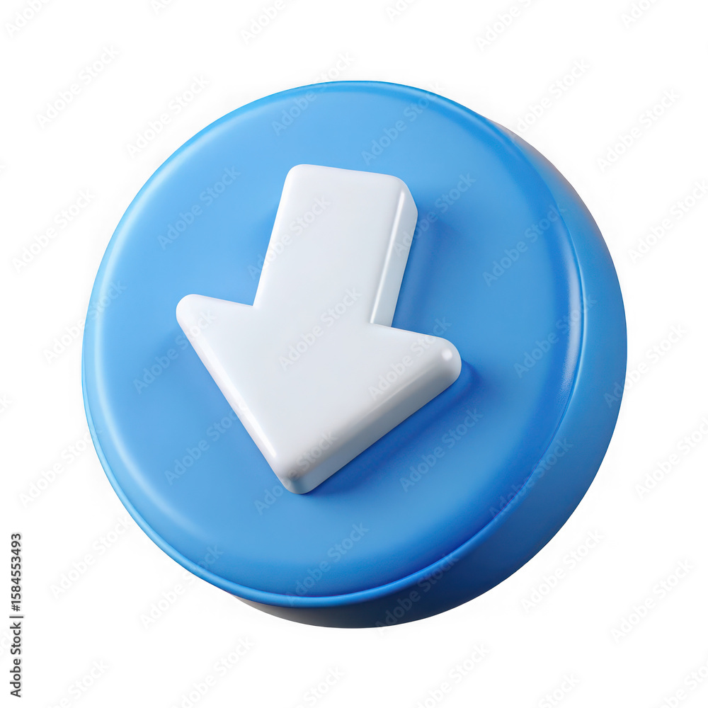 Poster 3d illustration of a blue button with a white arrow pointing down isolated on transparent background