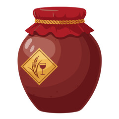 Ceramic jar of Chinese rice wine with traditional label design. Flat vector on transparent background.