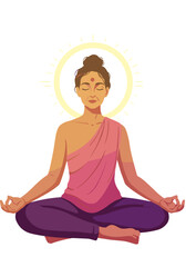 Meditating woman with halo sitting in lotus position. Flat vector on transparent background