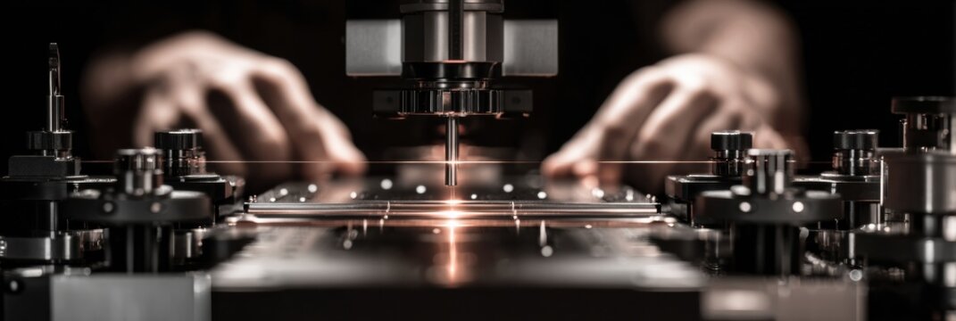 Professional Quantum Optics Scientist Calibrating Laser System in Modern Laboratory for Premium High-Tech Research and Innovation Marketing Content