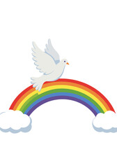 Rainbow with flying dove. Flat vector on white background.