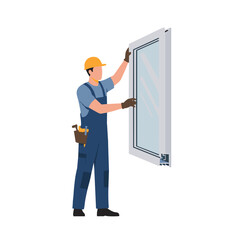 Builder Installs Plastic Windows. Flat Vector on Transparent Background.