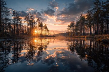 Latvian forest lake in Latgale at sunset mirrored reflection Wallpaper backdrop