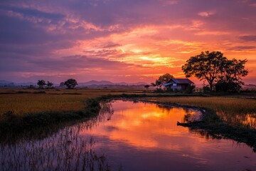 Obraz premium Twilight by water adjacent to a rice paddy