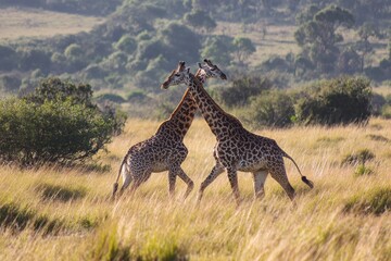 Two giraffes battling for mating rights in Masai Mara during a safari