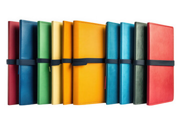 Colorful leather notebooks row with elastic band mockup, school supplies, stationery, office accessories, isolated on transparent background