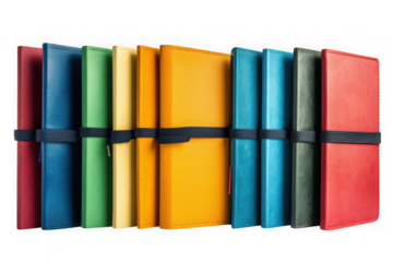 Colorful leather notebooks row with elastic band mockup, school supplies, stationery, office accessories, isolated on transparent background