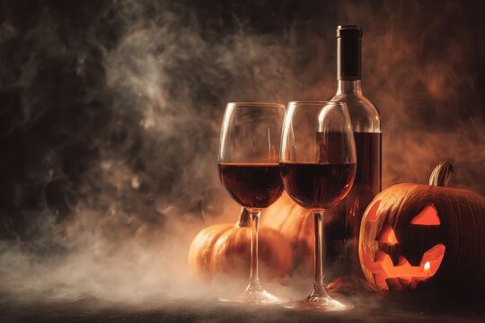 Halloween themed wine party featuring two glasses and a bottle with a spooky jack o lantern in a foggy dark setting