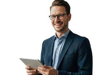 A happy businessman holds a tablet and smiles isolated on transparent background