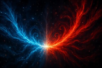 Obraz premium A mesmerizing cosmic dance of blue and red nebula clouds converging at a luminous center point.