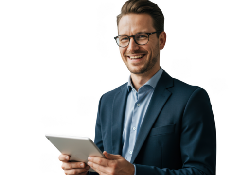 A happy businessman holds a tablet and smiles isolated on transparent background