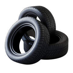 A set of black tires on a white background, in a three-point perspective, with three different sizes, all visible from the same angle.
