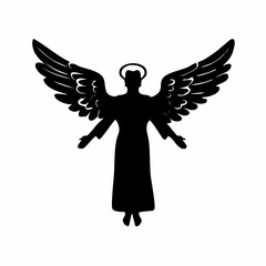 Black silhouette of an angel with open wings and halo over the head