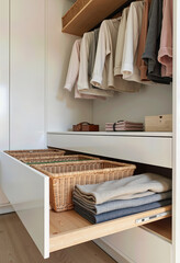 Maximize Closet Storage: Organized Walk-in Wardrobe with Hanging Clothes and Pull-out Wicker Baskets for Efficient and Aesthetic Storage Solutions, Enhancing Bedroom Functionality.
