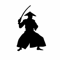 Silhouette of a samurai warrior in a fighting stance with katana sword ready