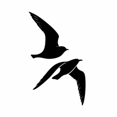 Silhouette illustration of two birds flying in formation against a white sky