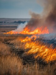 Professional High-Quality Firebreak Controlled Grass Fire in Open Steppe Landscape Seasonal Agricultural Safety for Rural Land Management Campaigns