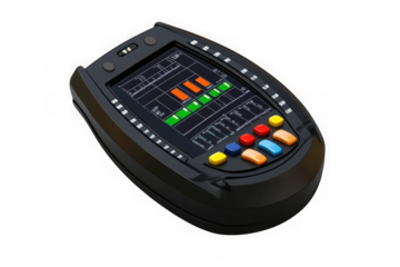 Advanced electronic device with screen display, buttons, and data visualization for technology applications isolated on transparent background