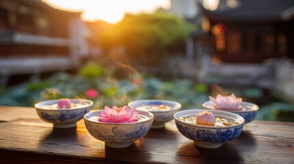 Delicate porcelain teacups with floating lotus flowers, bathed in golden sunset light for Qixi Festival.