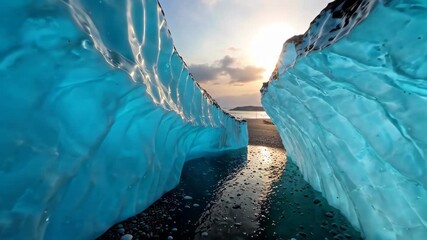 there is a narrow path between two icebergs on the beach
