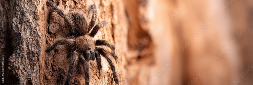 Poster tarantula resting on dry bark with soft focus background highlighting its details and habitat in nat