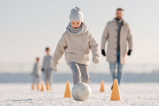 Young Football Player Winter Training for Soccer Footwork Skills in Outdoor Field Authentic Youth Athlete Development Content for Sports Marketing