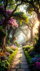 Obraz premium Sunlit path through vibrant garden