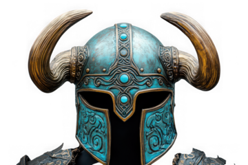 Detailed viking helmet with horns, turquoise accents, fantasy armor, warrior headgear, isolated on transparent background