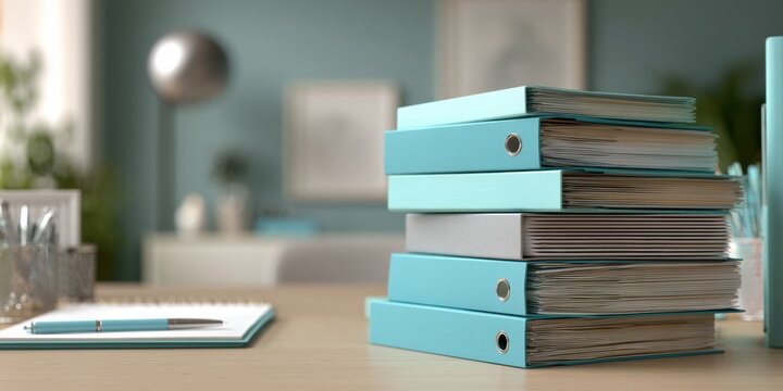 Professional high-quality office safety binder stack for modern workplace compliance and occupational health marketing content with authentic calm focus