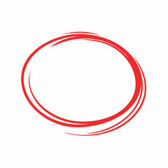 Hand-drawn red oval circle with marker-like texture and uneven thickness on a white background. Ideal for annotations or emphasis.