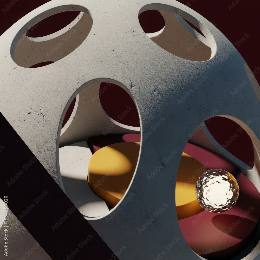 Poster abstract architectural structure with circular openings, featuring spheres and shadows.