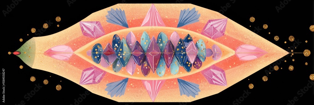 Poster stylized papaya cut in a diamond shape with abstract seeds and an empty upper third, featuring vivid